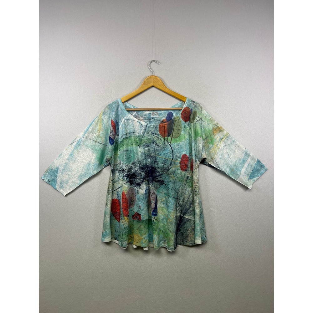 Art to Wear Et Lois Womens XL Teal Green Abstract Tree Print 3/4 Sleeve Top